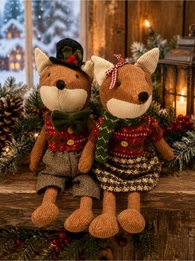 Christmas Fox Plush Pair Weighted Shelf Sitters Red Green Winter Holiday Decor
